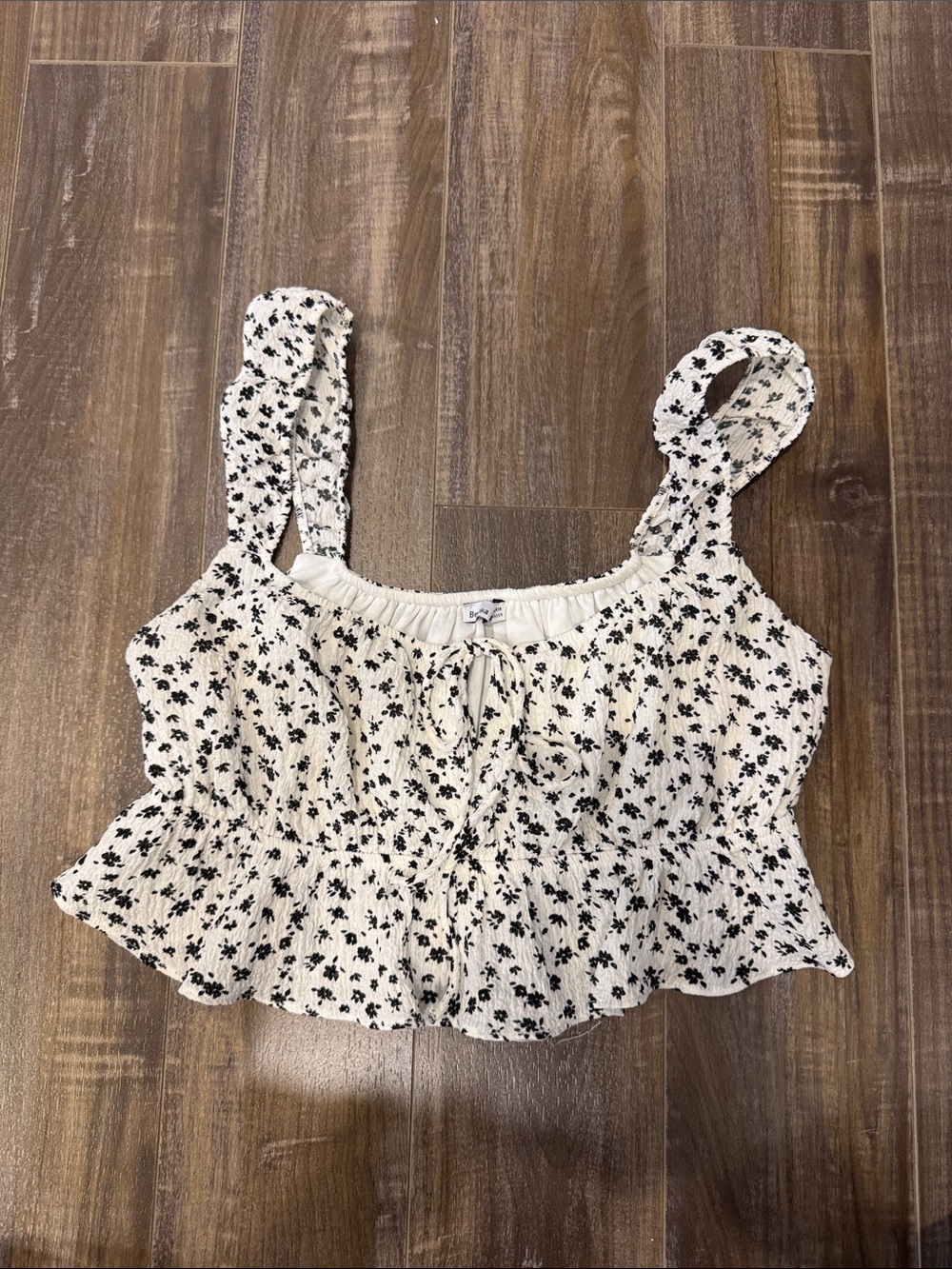 Bershka Cream Crop Top with Black Floral Print